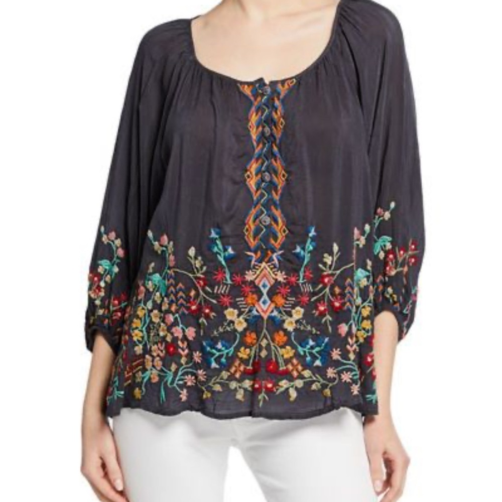 Johnny Was Gray Embellished Blouse Relaxed Fit